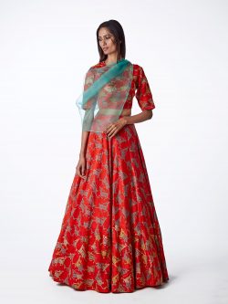 BUNDI SCARLET EMBROIDERED LEHENGA SET