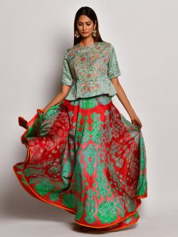 GULDASTA MINT EMBROIDERED PEPLUM TOP AND SHIBORI LEHENGA