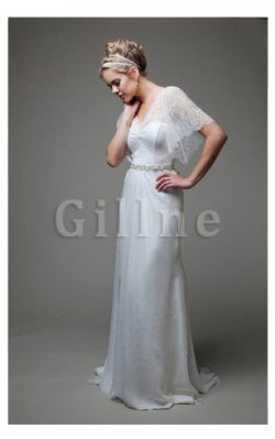 Abito da Sposa Naturale con Festone Senza Maniche con Perline con Manica Corte – Gillne.it