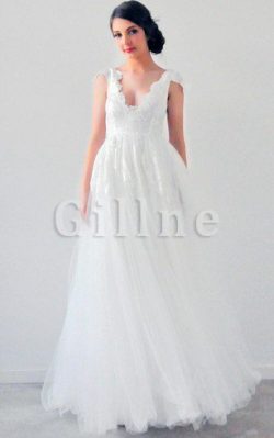 Abito da Sposa Profondo V-scollo Bordo Ondulato con Manica Corte A-Line con Applique – Gil ...