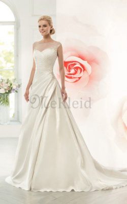 A-Line Perlenbesetztes Satin Bodenlanges Brautkleid mit Gekappten Ärmeln – MeKleid.de