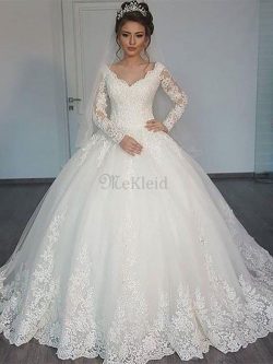 Normale Taille V-Ausschnitt Langärmeliges Duchesse-Linie Brautkleid aus Tüll – MeKleid.de