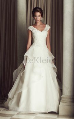 Organza V-Ausschnitt Schick Brautkleid mit Mehrschichtigen Rüsche aus Spitze – MeKleid.de