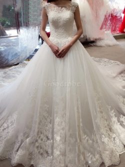 Robe de mariée cordon de traîne moyenne avec sans manches col en bateau en tulle – GoodRobe