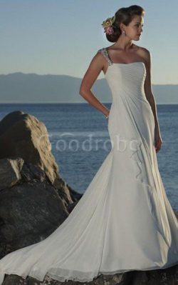 Robe de mariée d’épaule asymétrique avec perle de traîne courte manche nulle a plage ̵ ...