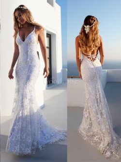 Robe de mariée manche nulle incroyable bretelles spaghetti de traîne moyenne naturel – Goo ...