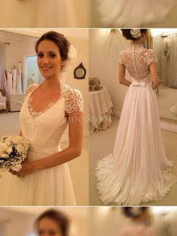 Robe de mariée naturel de princesse de traîne courte v encolure avec sans manches – GoodRobe