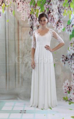 Robe de mariée plissé de col en v avec manche 1/2 en chiffon trou serre – GoodRobe