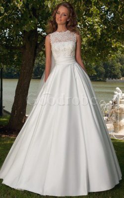 Robe de mariée romantique ligne a avec ruban de traîne courte de col entaillé – GoodRobe