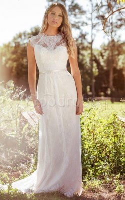 Robe de mariée simple de col haut jusqu’au sol decoration en fleur maillot – GoodRobe