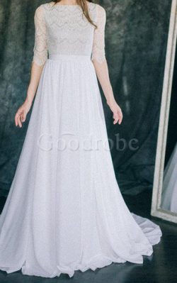 Robe de mariée facile en dentelle col u profond de traîne courte manche nulle – GoodRobe