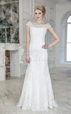 Robe de mariée naturel avec perle avec manche épeules enveloppants col u profond cordon –  ...