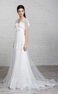 Robe de mariée simple de traîne courte v encolure avec ruban avec fleurs – GoodRobe