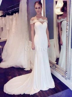 Abito da sposa tondo lunghi attraente con piega in chiffon seducente – Gillne.it