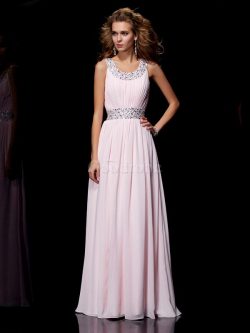 Robe de bal longue jusqu’au sol avec chiffon de princesse encolure ronde – GoodRobe