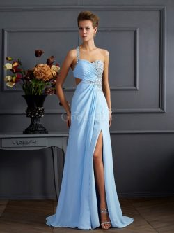 Robe de soirée longue de fourreau avec perle d’épaule asymétrique avec chiffon – Goo ...