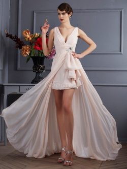 Robe de soirée naturel bretelles spaghetti grandes bretelles avec chiffon avec perle – Goo ...