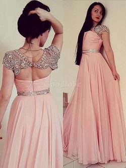 Robe de soirée naturel de princesse avec perle ligne a avec sans manches – GoodRobe