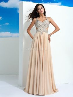 Robe de soirée naturel longue manche nulle de princesse avec perle – GoodRobe