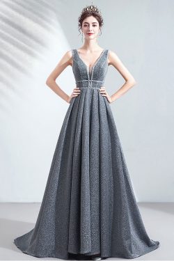 Robe de soirée longue gris en paillettes décolleté en V