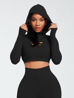 Black Hooded Neck Detachable Cups Crop Top For Exercising