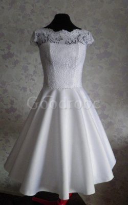 Robe de mariée avec décoration dentelle longueur mollet a-ligne en satin de col bateau – G ...