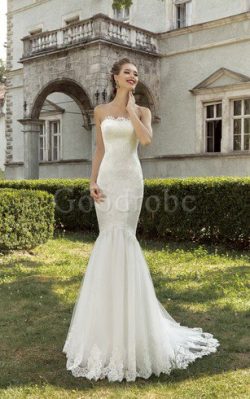 Robe de mariée naturel manche nulle collant en dentelle longueur au ras du sol – GoodRobe