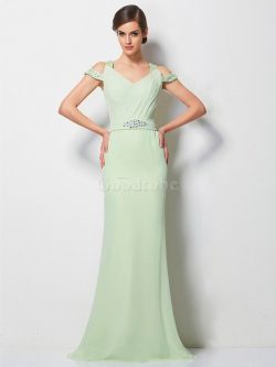 Robe de soirée naturel de princesse de col en v avec perle en chiffon – GoodRobe