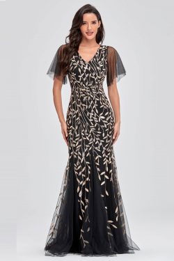 Robe de soirée fourreau longue noir col v à sequins de feuilles avec manches évasées