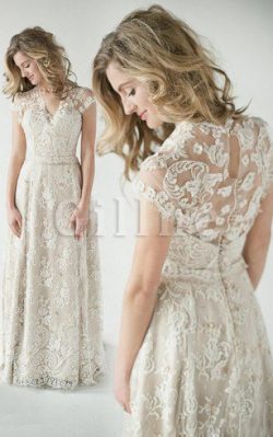 Abito da Sposa con Bottone Buco Della Serratura Schiena Moda con Manica Corte Vintage – Gi ...