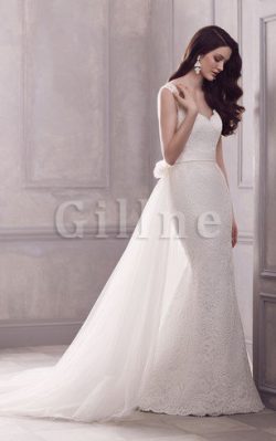 Abito da Sposa in Pizzo Coda A Strascico Corto con Fiore con Increspature Formale – Gillne.it