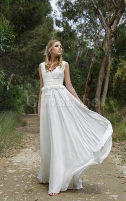 Robe de mariée festonné longueur au ras du sol v encolure en chiffon ceinture – GoodRobe