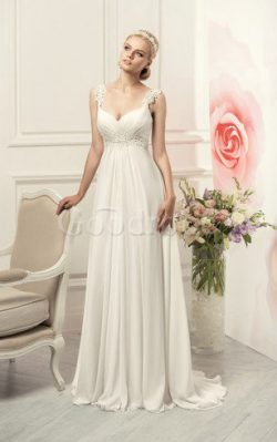 Robe de mariée longue a-ligne cordon avec perle ruché – GoodRobe