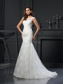 Robe de mariée longue appliques de sirène de traîne mi-longue avec manche courte – GoodRobe