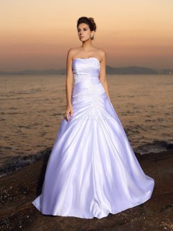 Robe de mariée longue avec sans manches de bustier en satin avec perle – GoodRobe