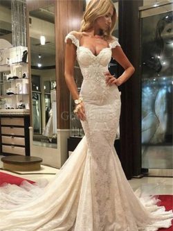 Robe de mariée naturel de traîne courte avec décoration dentelle v encolure de sirène – Go ...