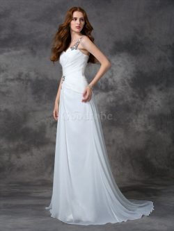 Robe de mariée naturel d’épaule asymétrique avec perle a-ligne en chiffon – GoodRobe