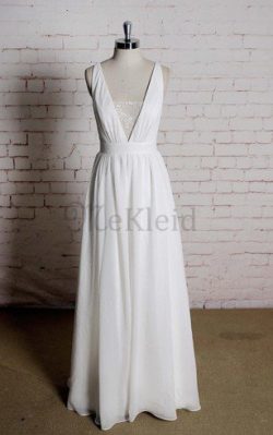 A-Linie Chiffon Normale Taille Bodenlanges Tiefer V-Ausschnitt Brautkleid – MeKleid.de