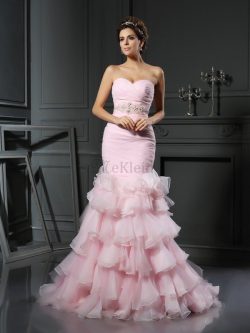 Meerjungfrau Stil Normale Taille Ärmelloses Perlenbesetztes Organza Brautkleid – MeKleid.de