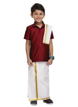 Maroon Kids Shirt, Dhoti, Towel 3 In 1 Set