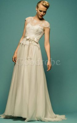 Robe de mariée humble naturel avec nœud textile en tulle avec manche courte – GoodRobe