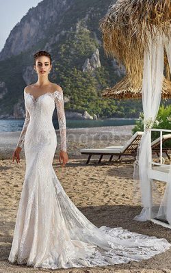 Robe de mariée impressioé elégant avec manche longue broder de traîne moyenne – GoodRobe