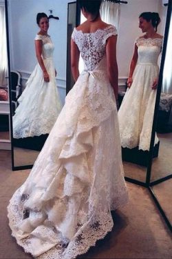 Robe de mariée naturel a-ligne de traîne moyenne de princesse avec décoration dentelle – G ...