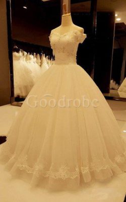 Robe de mariée naturel jusqu’au sol v encolure avec perle avec décoration dentelle – ...