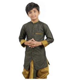 Boys Zari Cotton Kurta Set Black