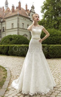 Robe de mariée boutonné avec fleurs ceinture en étoffe de col entaillé en dentelle – GoodRobe