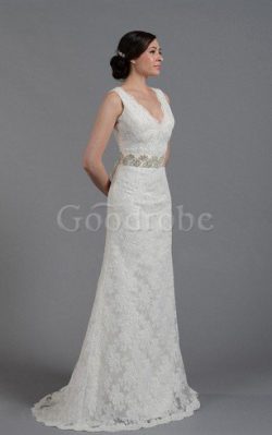 Robe de mariée naturel fermeutre eclair de fourreau manche nulle v encolure – GoodRobe