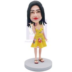 Female In Yellow Floral Suspender Skirt Custom Figure Bobblehead