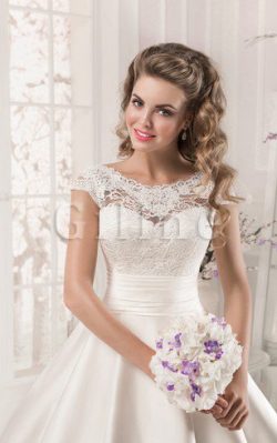 Abito da Sposa con Applique Naturale A-Line in Raso V-Scollo – Gillne.it