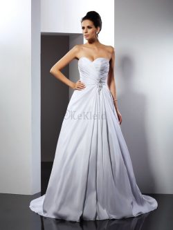 Prinzessin A-Line Anständiges Brautkleid aus Satin mit Rüschen – MeKleid.de